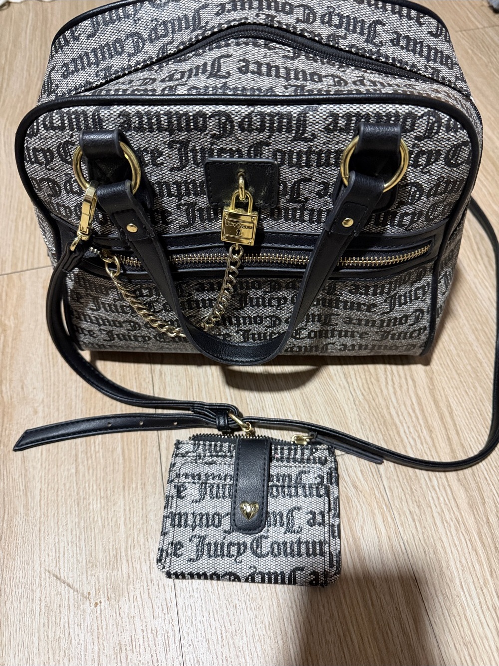 Juicy Couture Black & Cream Signature Script Satchel with Wallet
